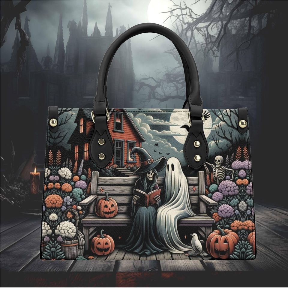 Halloween witch and a ghost reading a book haunted house pumpkin witchy forest whimsical design  shoulder tote purse Vegan leather No strap