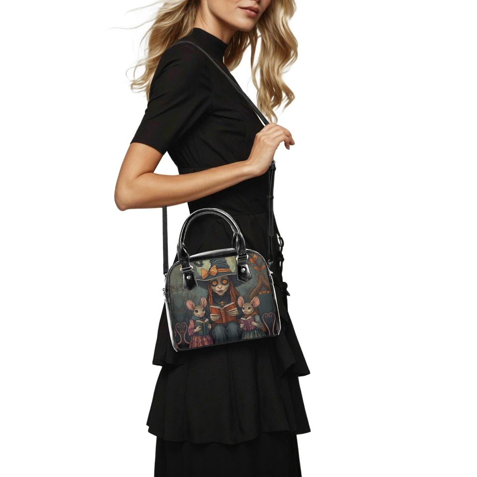 Whimsical Halloween Purse Satchel fun cute mice reading a book satchel messenger purse tote fun cute black shoulder handbag