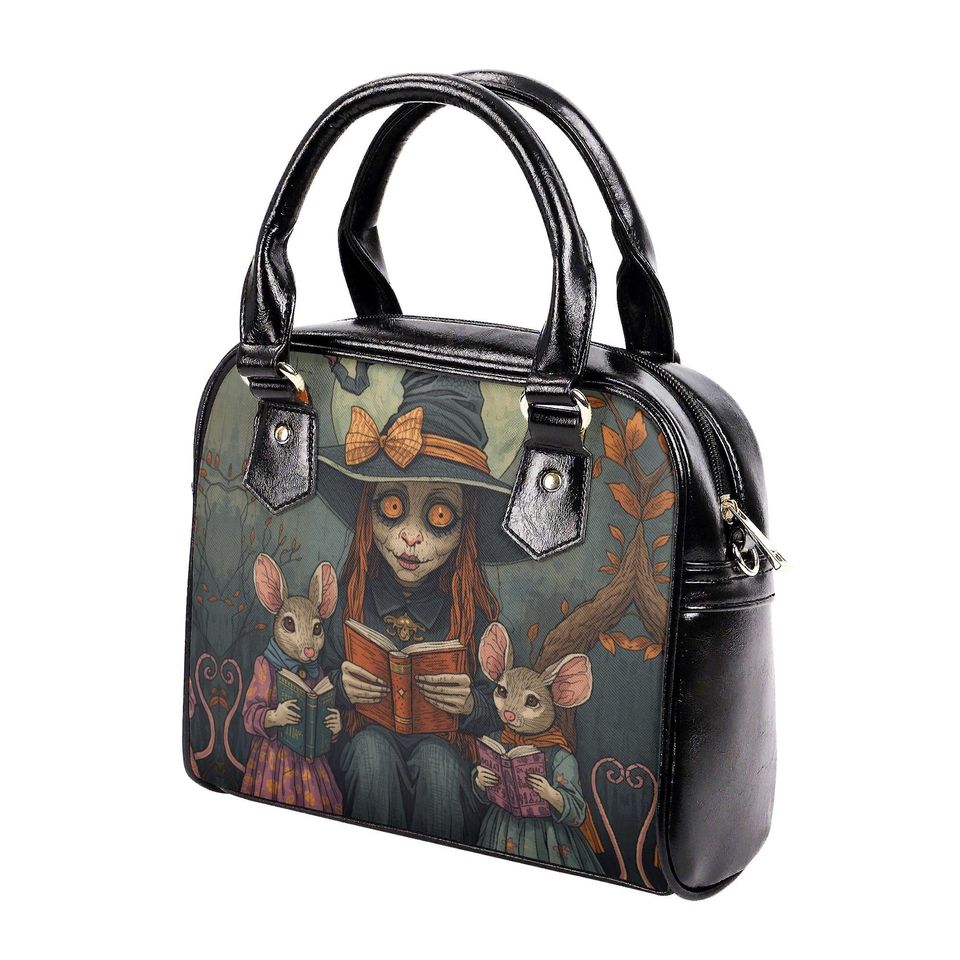 Whimsical Halloween Purse Satchel fun cute mice reading a book satchel messenger purse tote fun cute black shoulder handbag