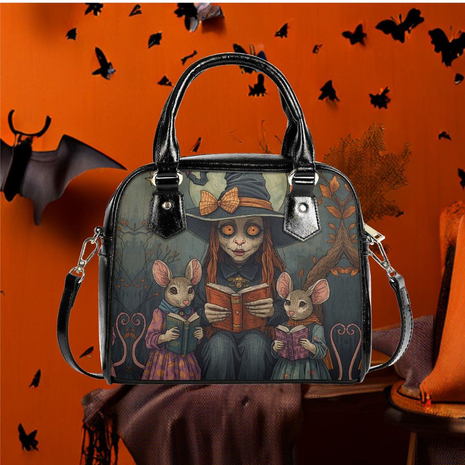 Whimsical Halloween Purse Satchel fun cute mice reading a book satchel messenger purse tote fun cute black shoulder handbag