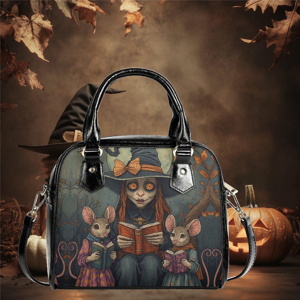 Whimsical Halloween Purse Satchel fun cute mice reading a book satchel messenger purse tote fun cute black shoulder handbag