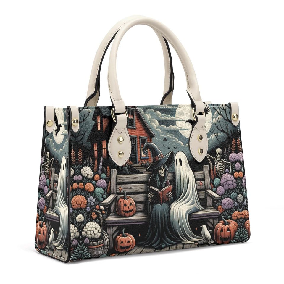 Halloween witch and a ghost reading a book haunted house pumpkin witchy forest whimsical design  shoulder tote purse Vegan leather No strap