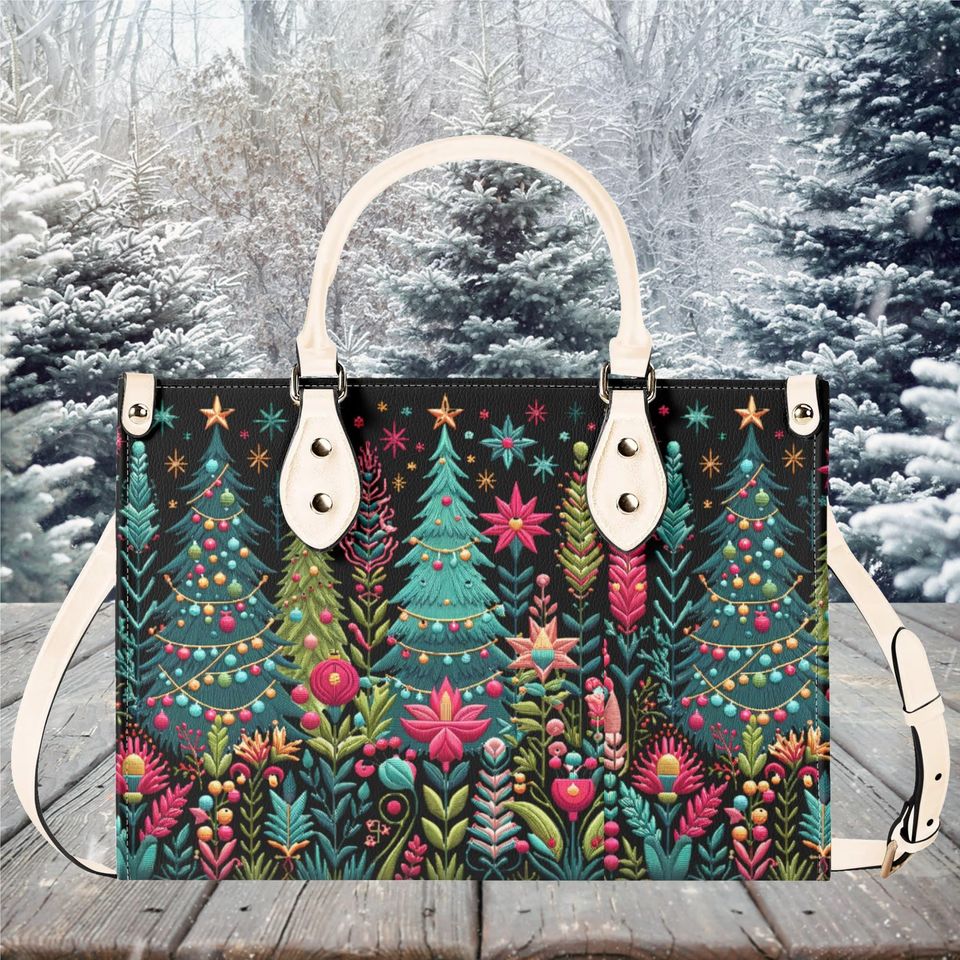 Luxury Women leather Handbag tote beautiful hobo pastel colors Christmas Holiday Christmas Tree winter