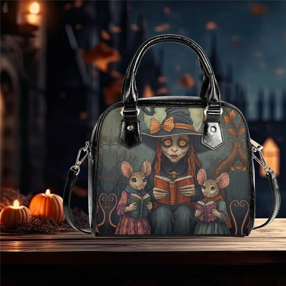 Whimsical Halloween Purse Satchel fun cute mice reading a book satchel messenger purse tote fun cute black shoulder handbag