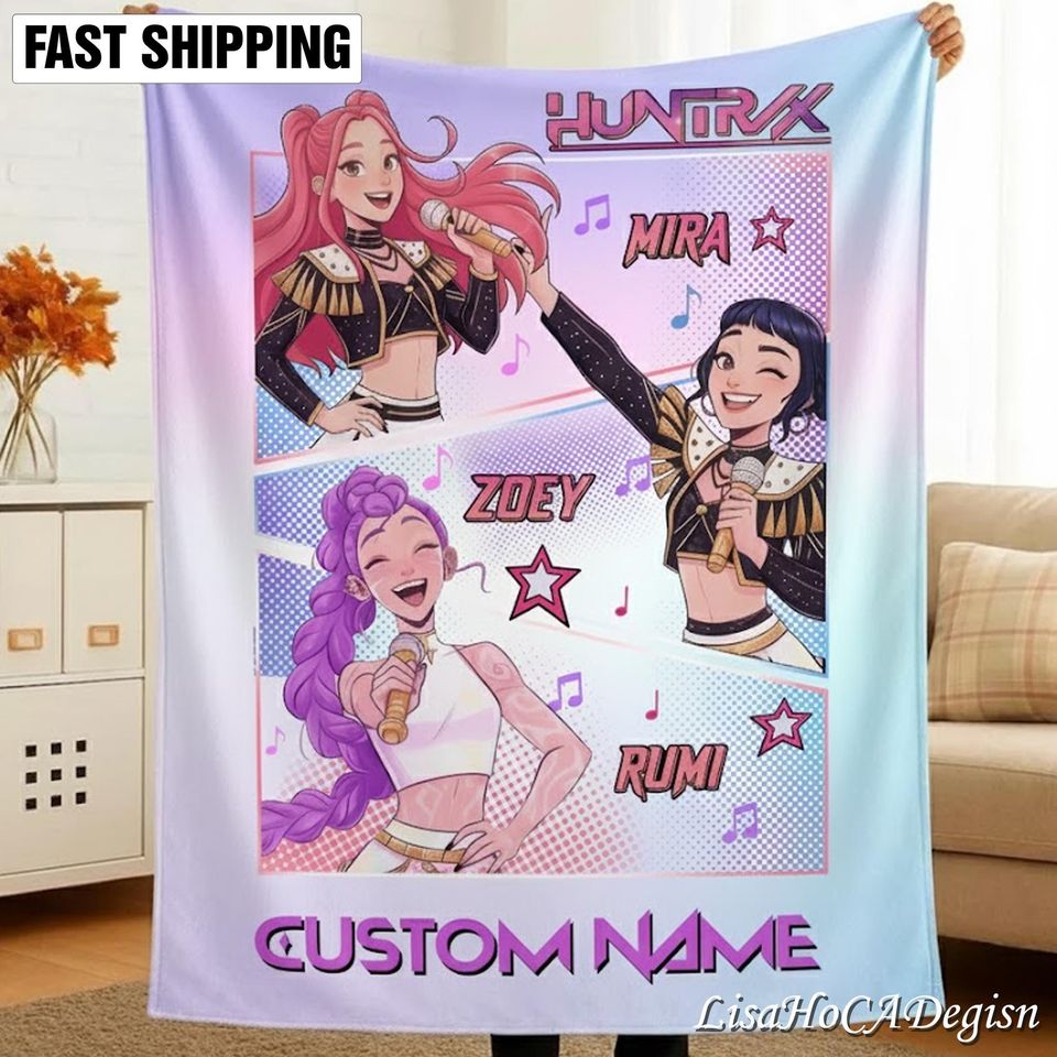 Personalized Huntrix Kpop Demon Hunter Era Blanket with Name, Custom Huntrix Blanket, Anime Blanket, Christmas Family Gift, Kpop Fun Gift