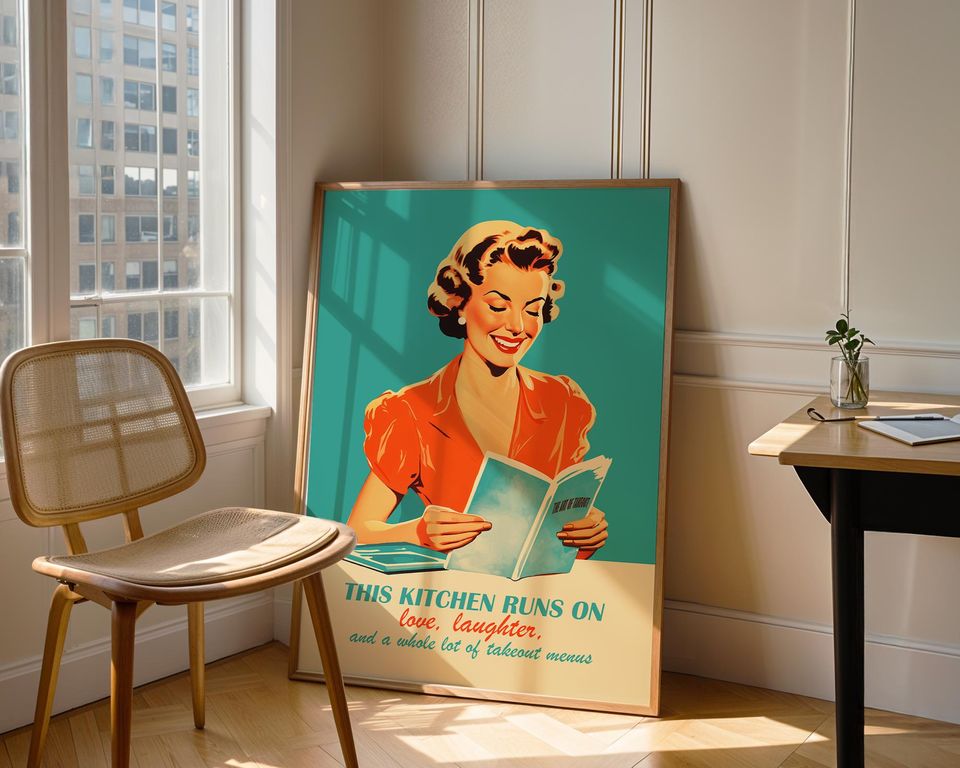 Retro Kitchen Wall Art, 50s Style Cooking Quote Poster