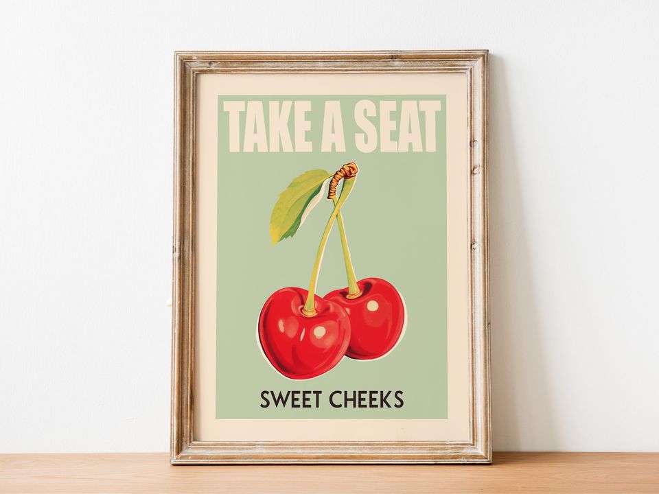 Funny Bathroom Art Take a Seat Sweet Cheeks Cherry Pun Poster Retro Fruit Wall Decor for Kitchen or Toilet