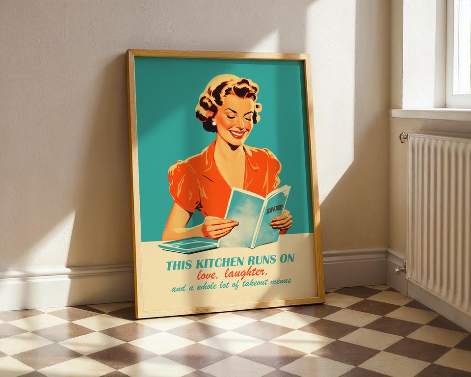 Retro Kitchen Wall Art, 50s Style Cooking Quote Poster