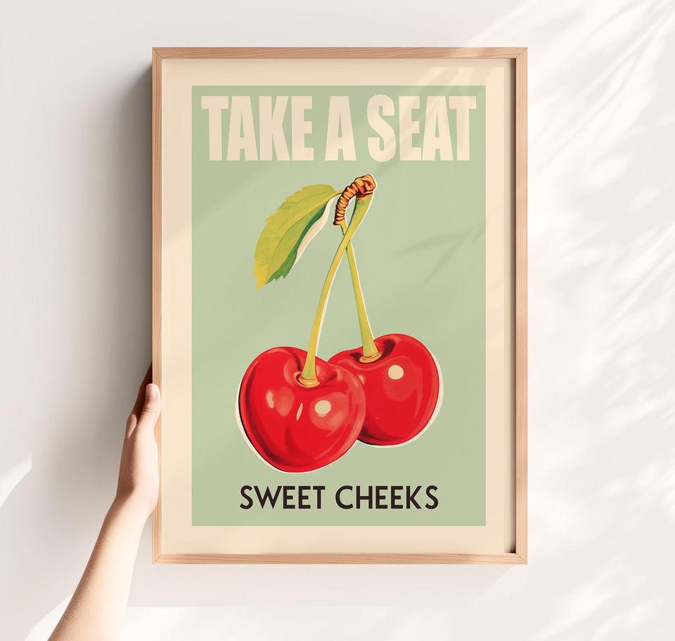 Funny Bathroom Art Take a Seat Sweet Cheeks Cherry Pun Poster Retro Fruit Wall Decor for Kitchen or Toilet