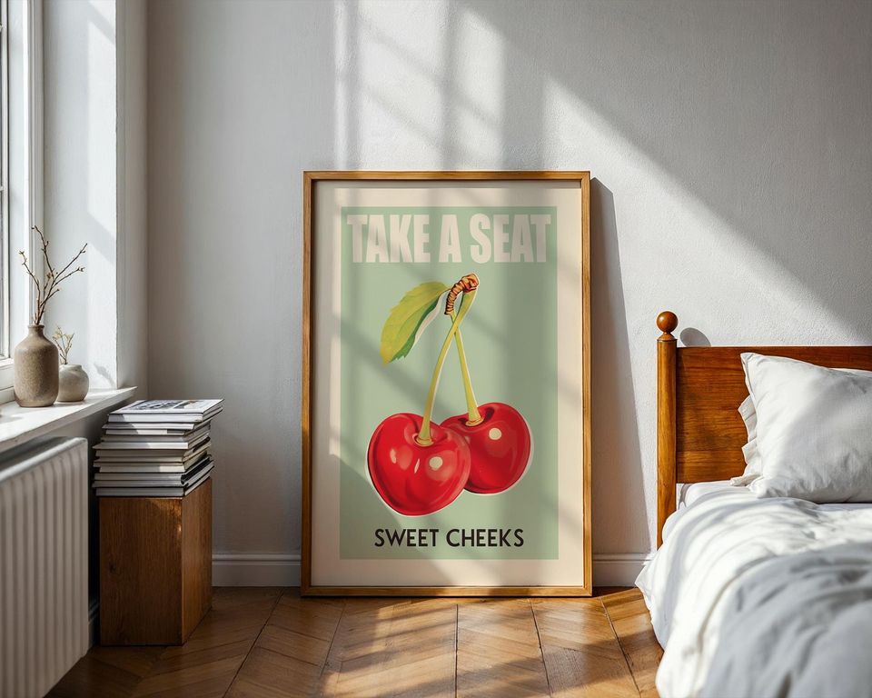 Funny Bathroom Art Take a Seat Sweet Cheeks Cherry Pun Poster Retro Fruit Wall Decor for Kitchen or Toilet