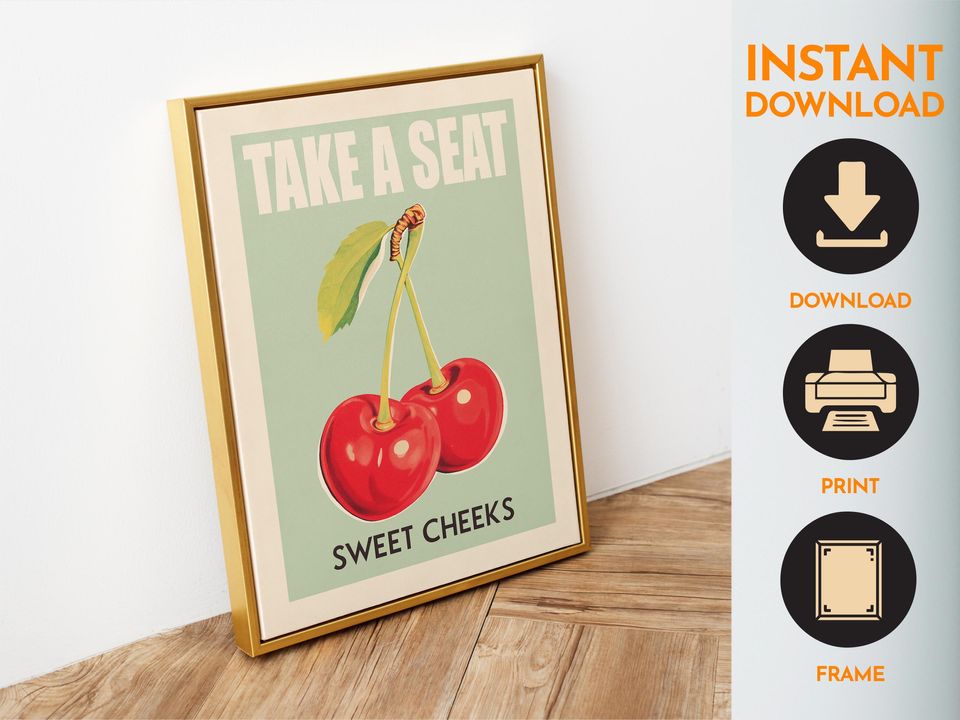Funny Bathroom Art Take a Seat Sweet Cheeks Cherry Pun Poster Retro Fruit Wall Decor for Kitchen or Toilet
