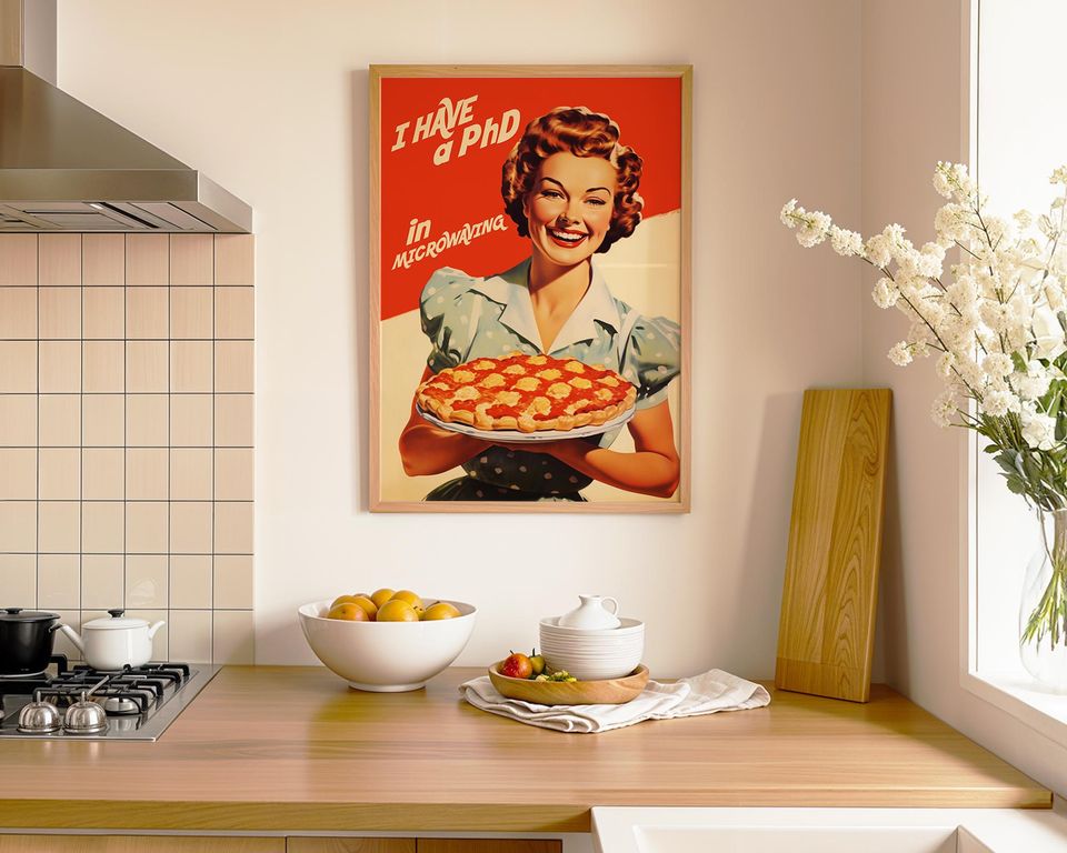 Retro Kitchen Poster, Vintage 1950s 60s Cooking Art, Funny Housewife Wall Decor