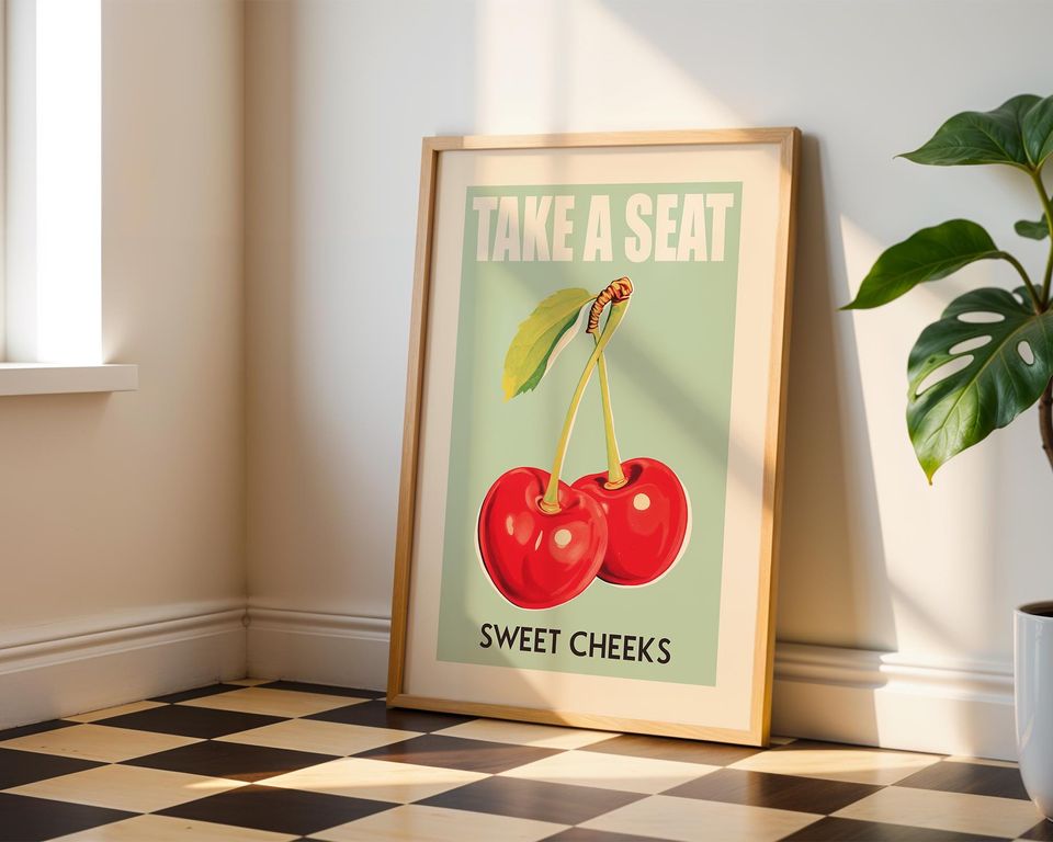 Funny Bathroom Art Take a Seat Sweet Cheeks Cherry Pun Poster Retro Fruit Wall Decor for Kitchen or Toilet
