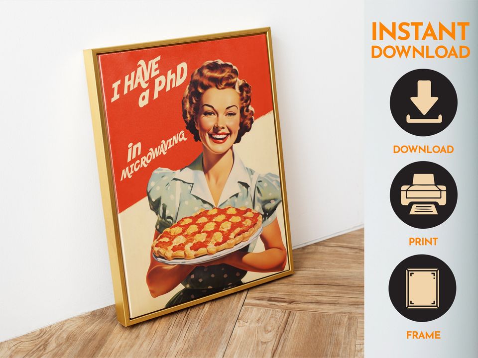 Retro Kitchen Poster, Vintage 1950s 60s Cooking Art, Funny Housewife Wall Decor