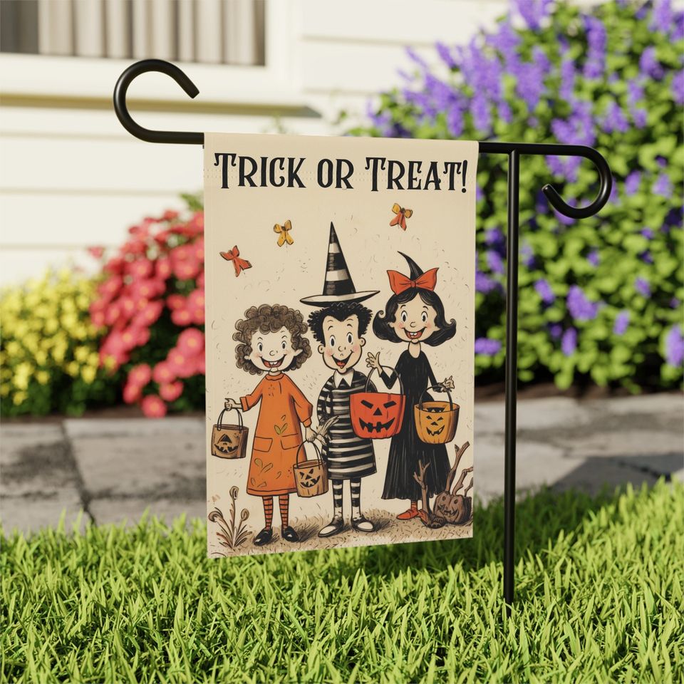 Retro Vintage Halloween Garden Flag. Welcome Sign