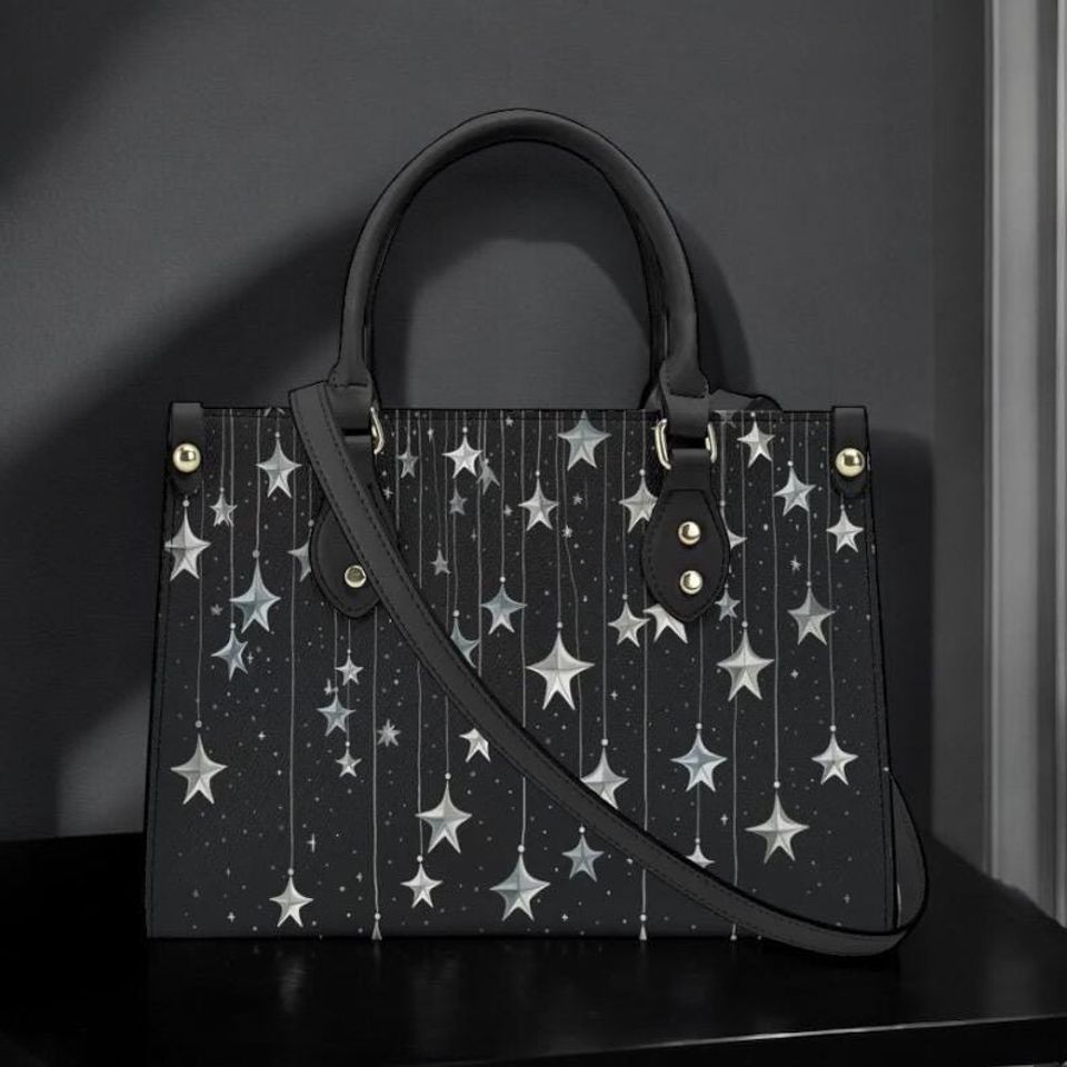 Falling Stars PU Leather Hand Bag, Cottagecore witch Trendy Fashion Handbag, Dark academia Vegan Leather Handbag Gift Black Halloween Purse