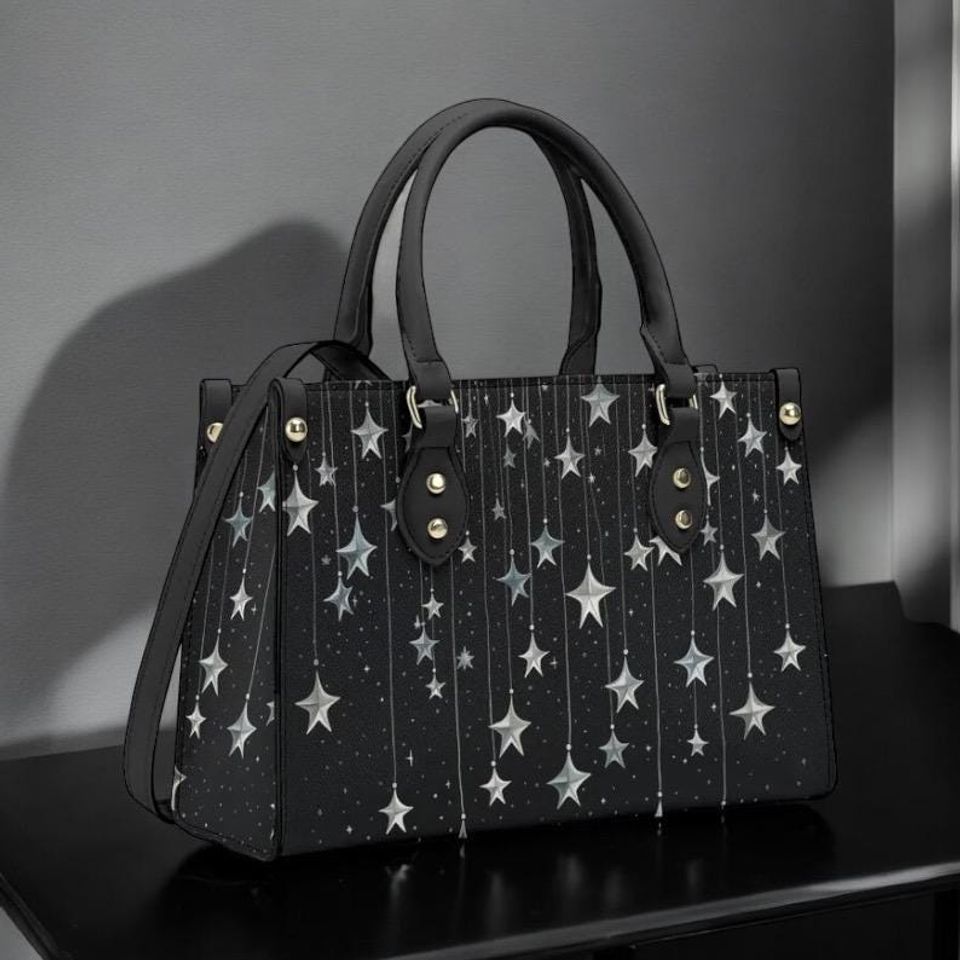 Falling Stars PU Leather Hand Bag, Cottagecore witch Trendy Fashion Handbag, Dark academia Vegan Leather Handbag Gift Black Halloween Purse