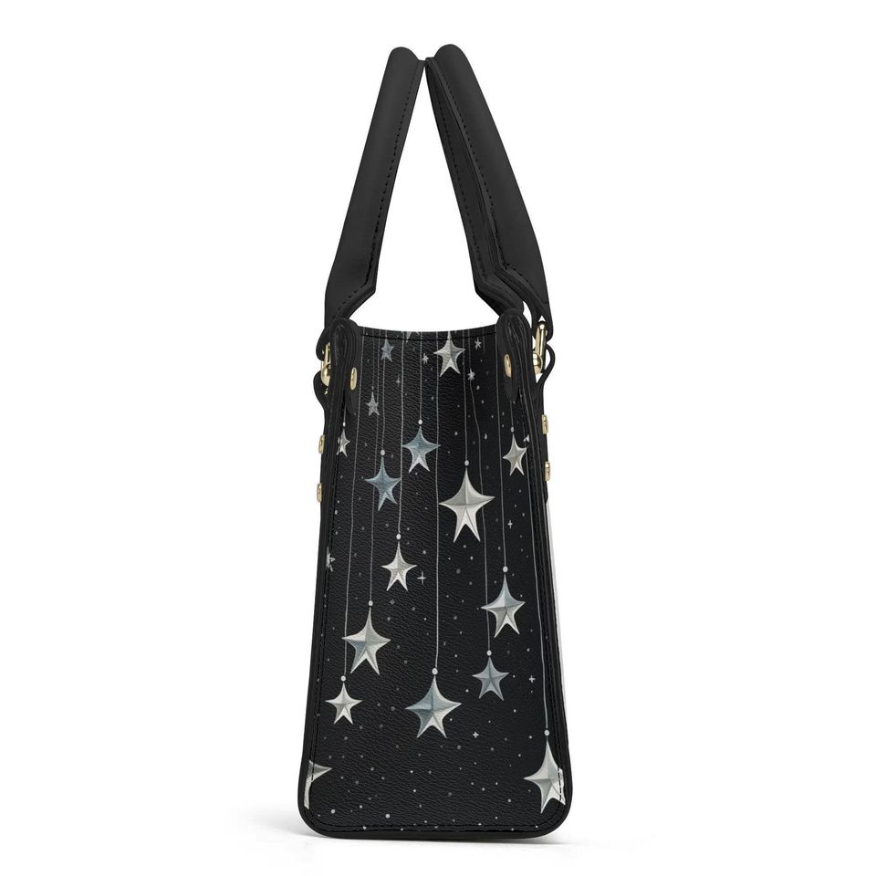 Falling Stars PU Leather Hand Bag, Cottagecore witch Trendy Fashion Handbag, Dark academia Vegan Leather Handbag Gift Black Halloween Purse