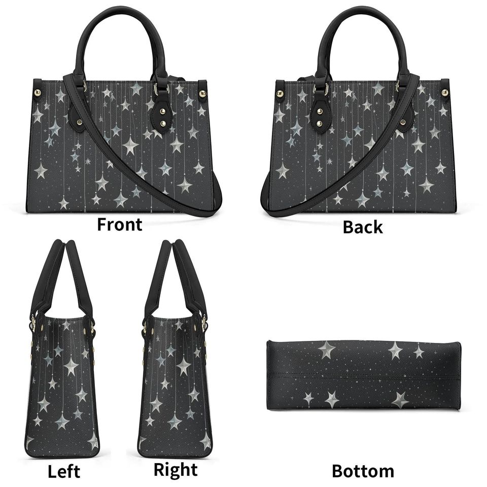 Falling Stars PU Leather Hand Bag, Cottagecore witch Trendy Fashion Handbag, Dark academia Vegan Leather Handbag Gift Black Halloween Purse