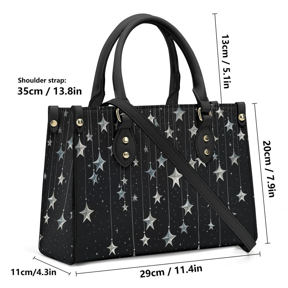 Falling Stars PU Leather Hand Bag, Cottagecore witch Trendy Fashion Handbag, Dark academia Vegan Leather Handbag Gift Black Halloween Purse