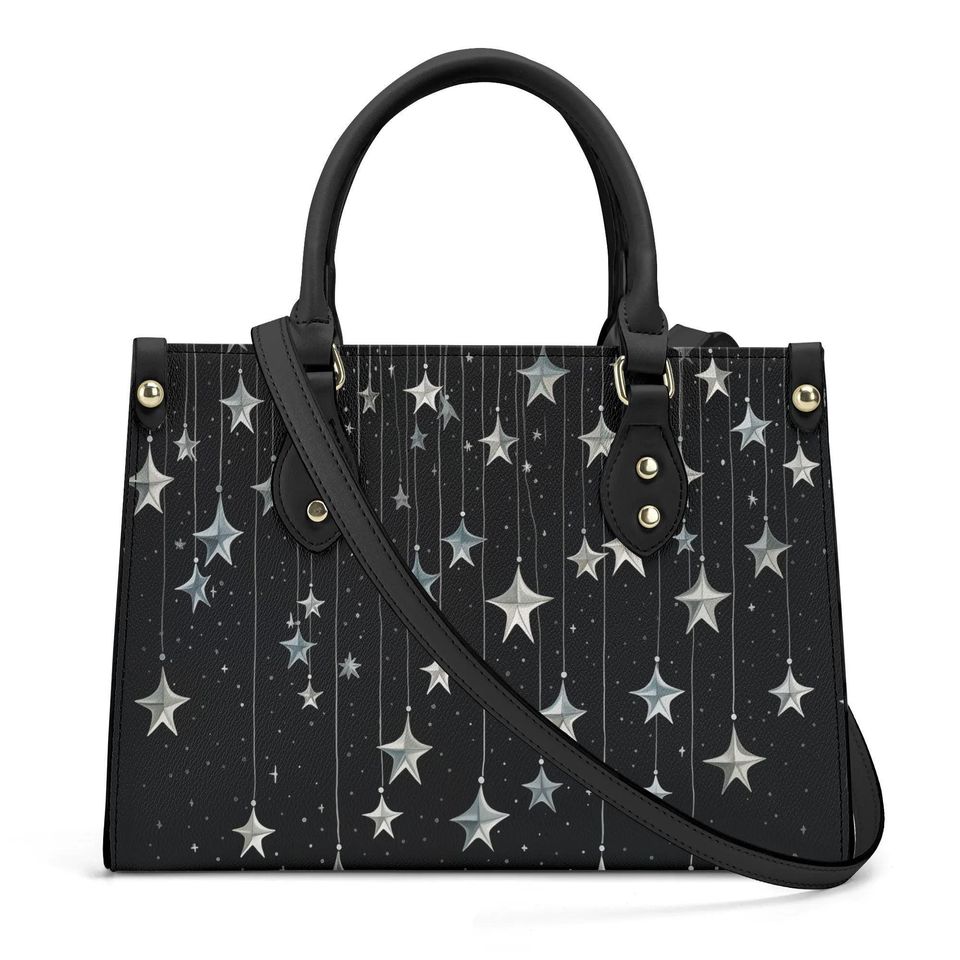 Falling Stars PU Leather Hand Bag, Cottagecore witch Trendy Fashion Handbag, Dark academia Vegan Leather Handbag Gift Black Halloween Purse