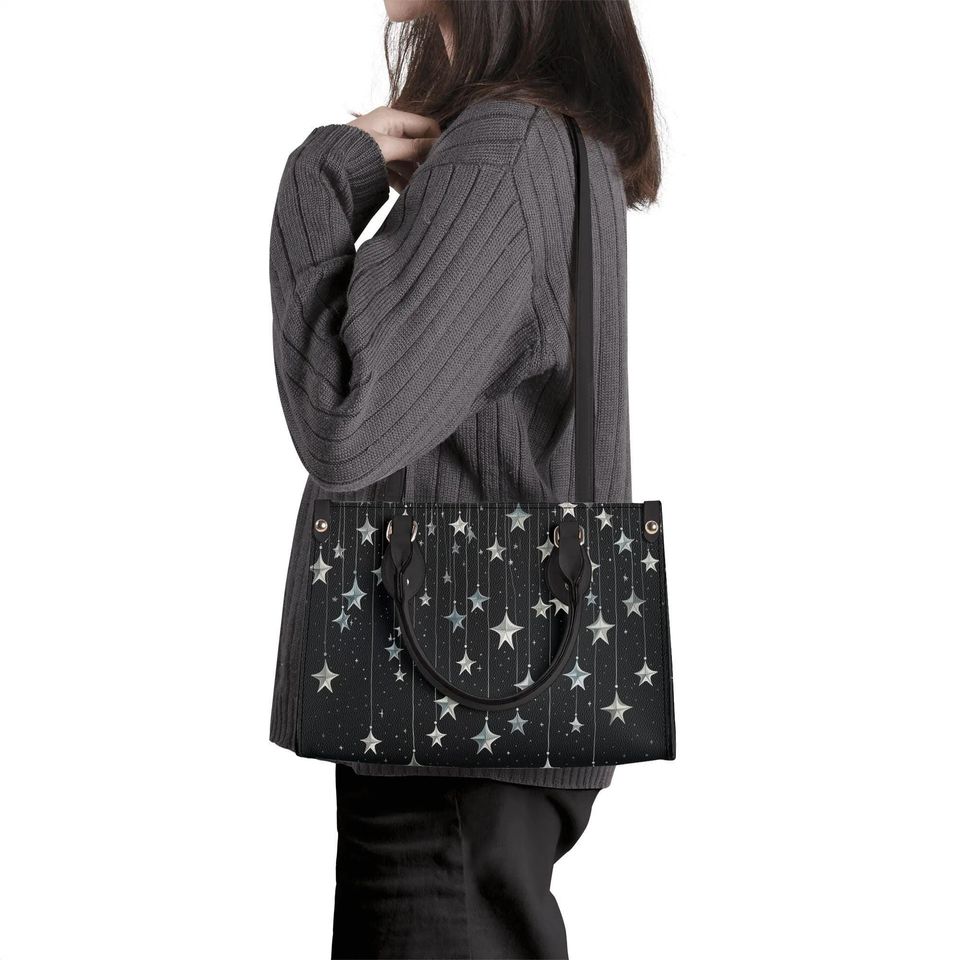 Falling Stars PU Leather Hand Bag, Cottagecore witch Trendy Fashion Handbag, Dark academia Vegan Leather Handbag Gift Black Halloween Purse