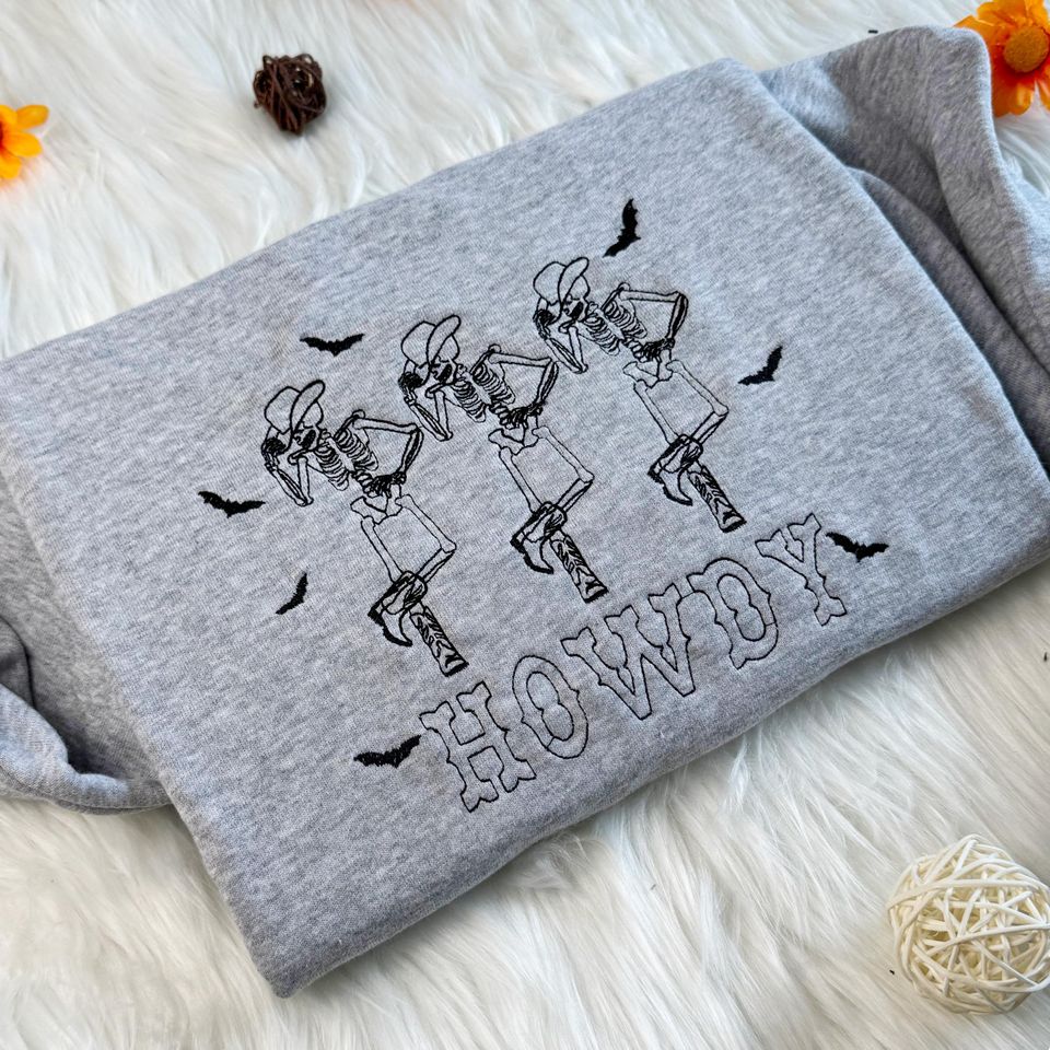 Howdy Skeleton Embroidered Sweatshirt,Embroidered Halloween Skeleton Sweatshirt