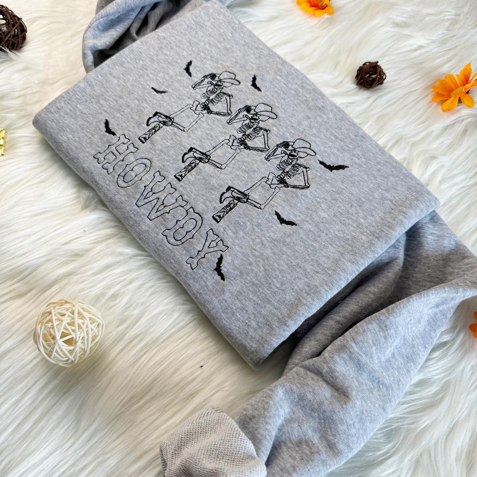 Howdy Skeleton Embroidered Sweatshirt,Embroidered Halloween Skeleton Sweatshirt