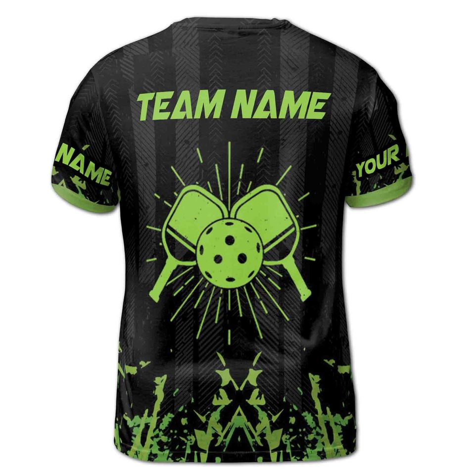 Personalized Name Green Spatter Pickleball Team 3D T-Shirt