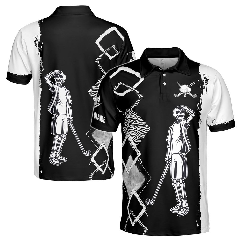 Custom Name Golf Skull Golfer Zebra Argyle Pattern Men's Polo