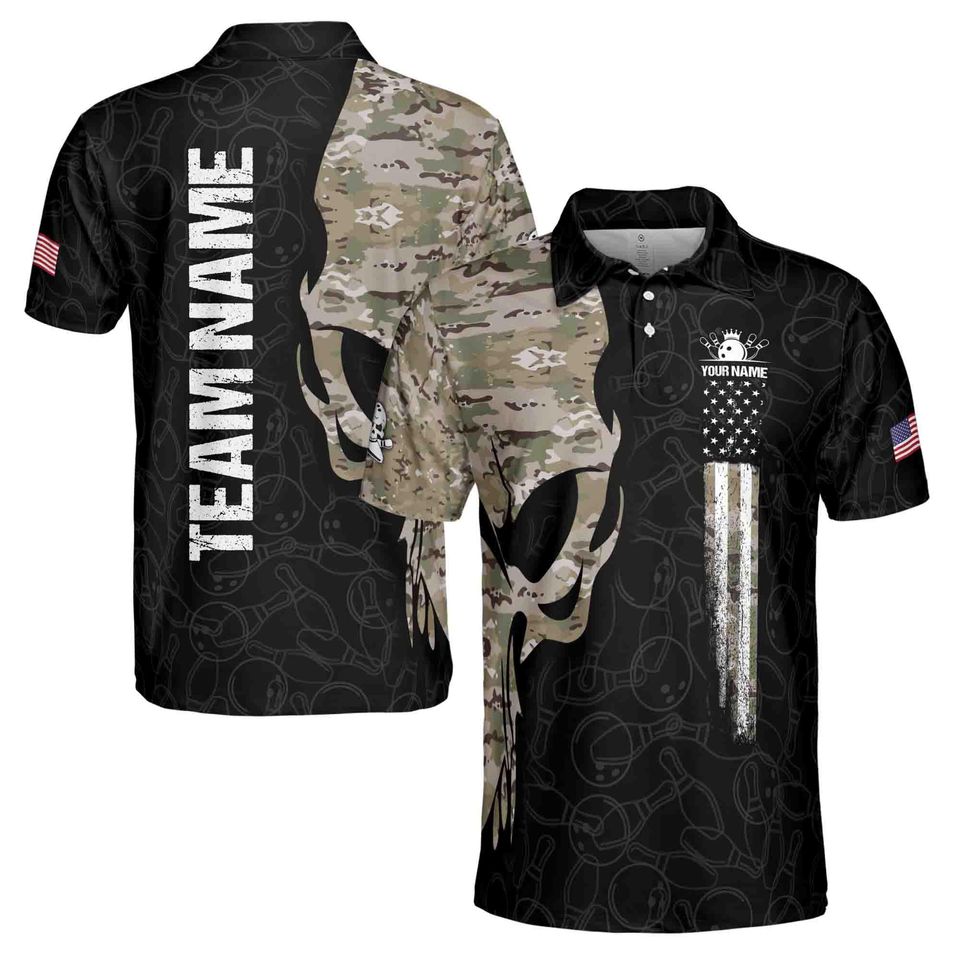 Funny Custom Name Team Name Skull Bowling Camo Men's Polo Shirt