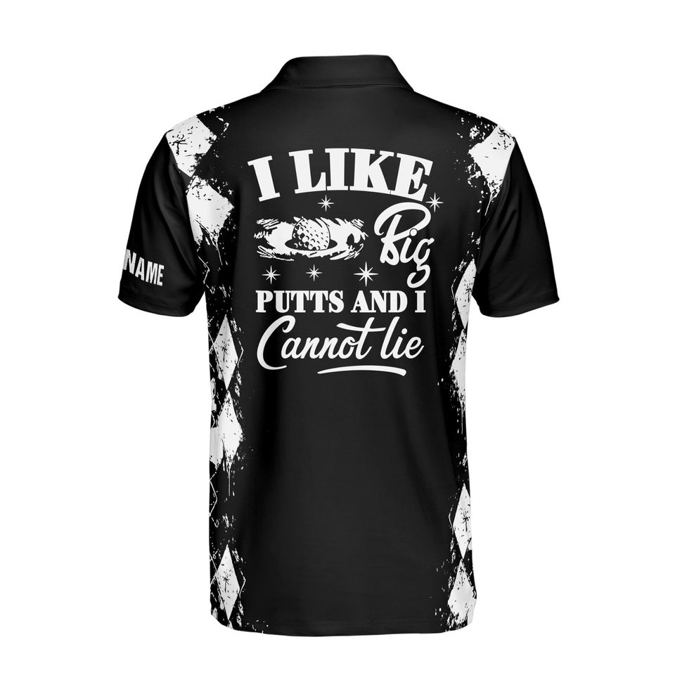 Custom Name Golf I Like Big Putts Cannot Lie Black Argyle Men's Polo