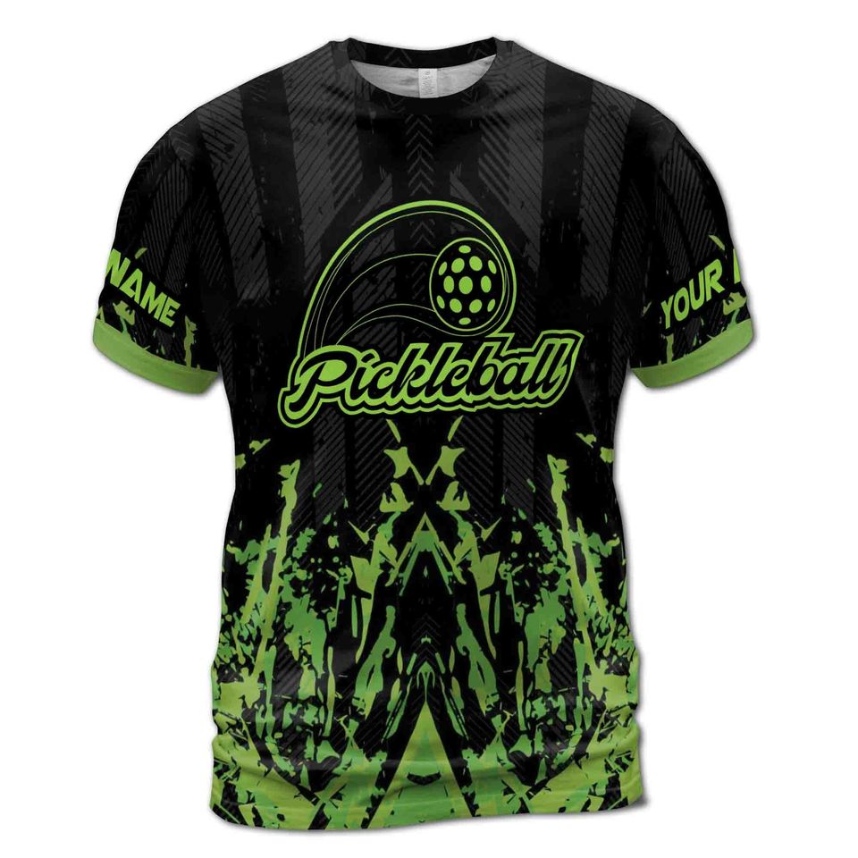 Personalized Name Green Spatter Pickleball Team 3D T-Shirt