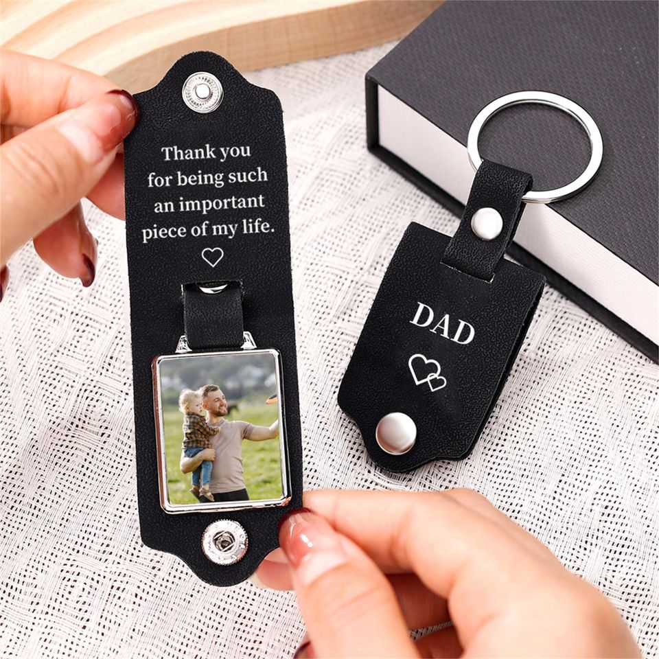 Personalized Mens Leather Keychain with Photo,Metal Tag Photo Keychain