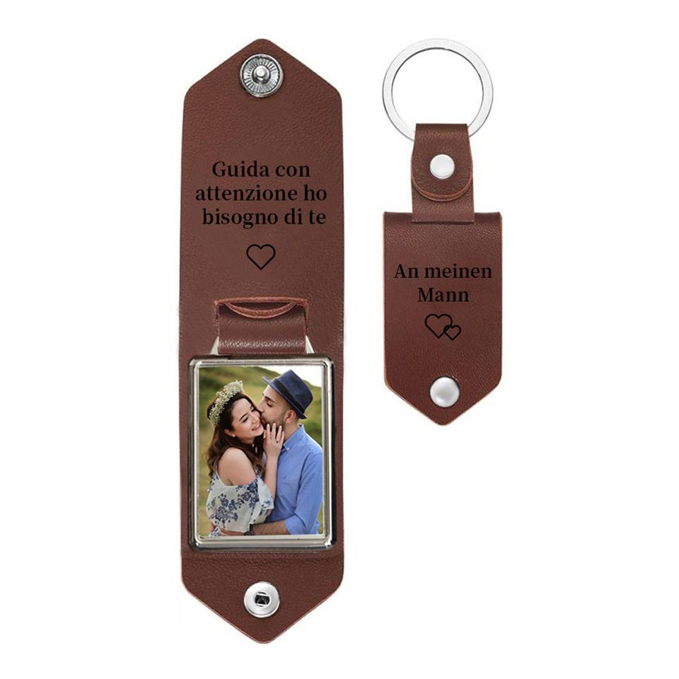 Personalized Mens Leather Keychain with Photo,Metal Tag Photo Keychain