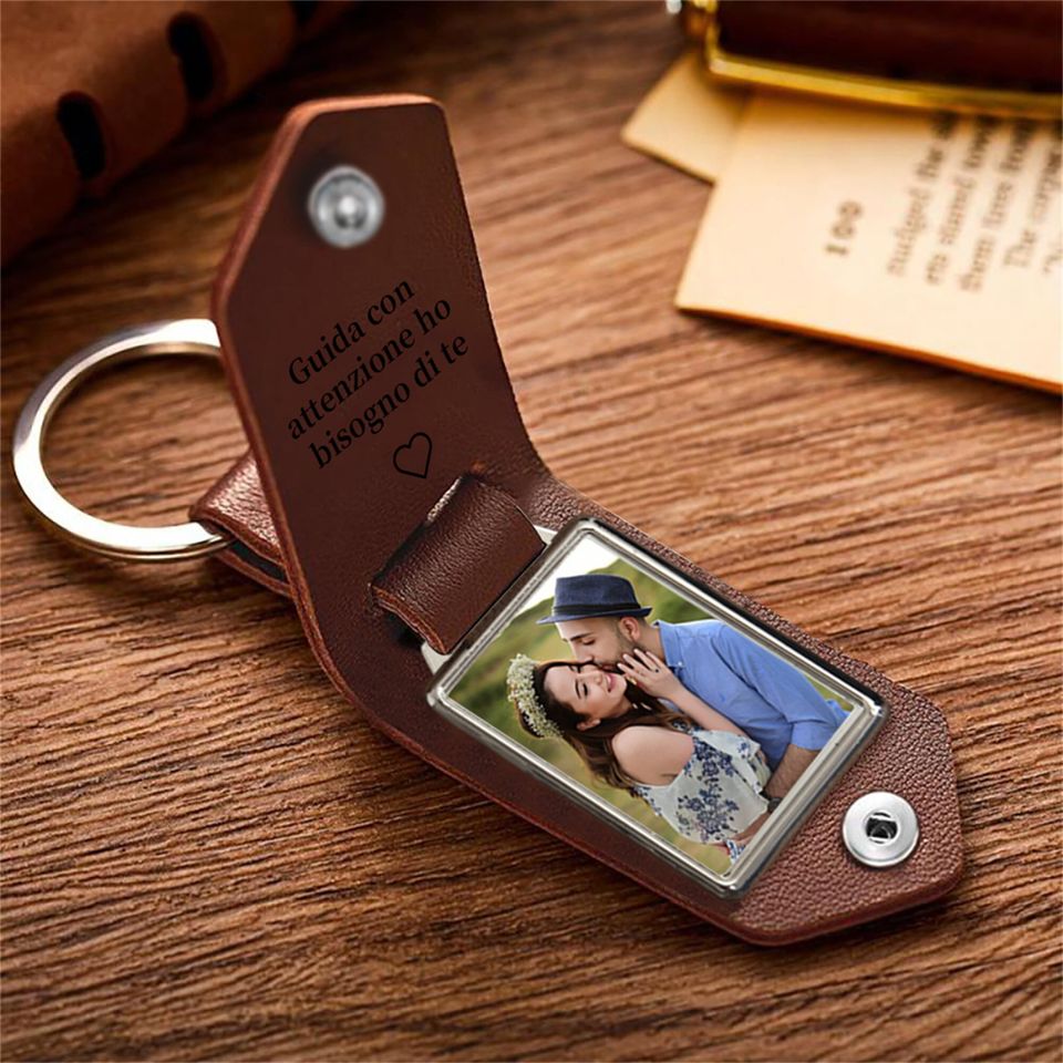 Personalized Mens Leather Keychain with Photo,Metal Tag Photo Keychain