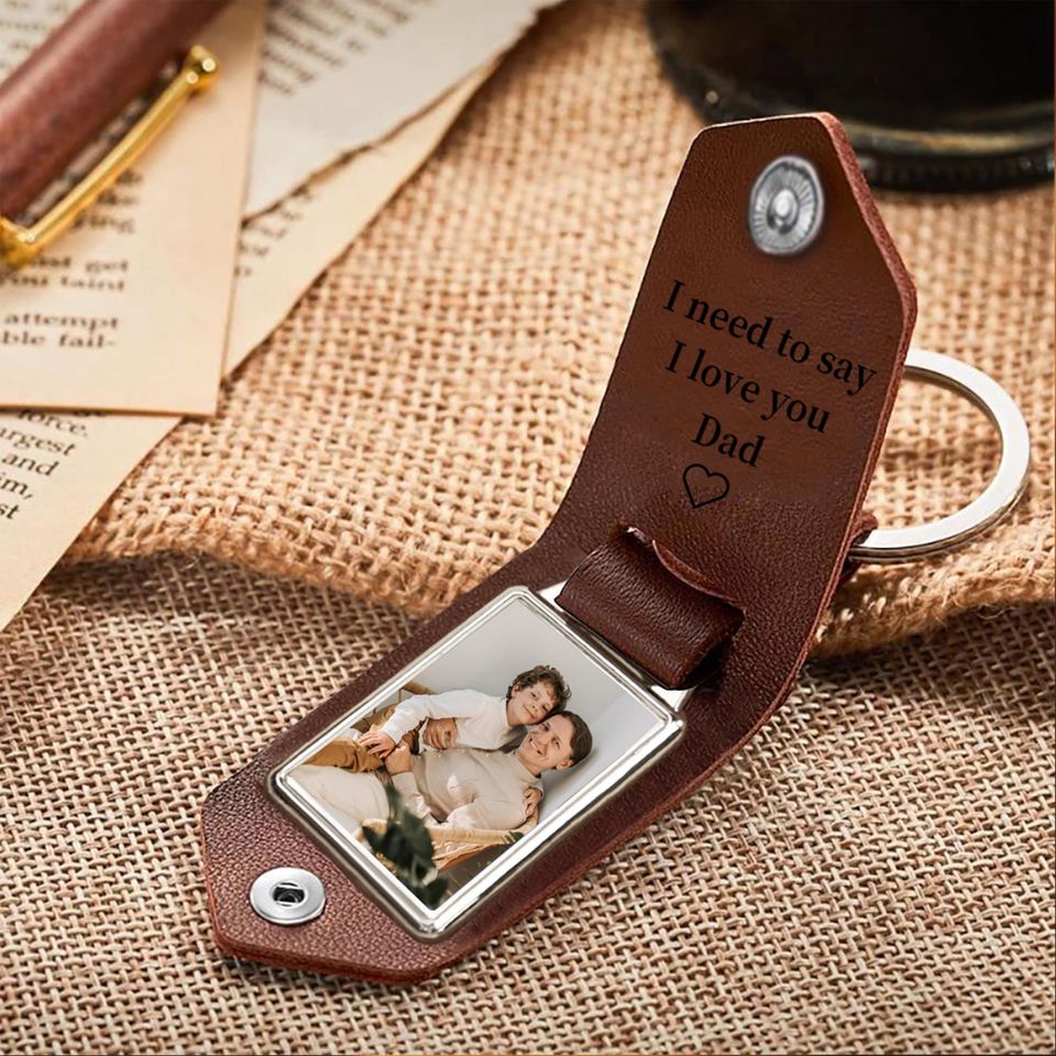 Personalized Mens Leather Keychain with Photo,Metal Tag Photo Keychain