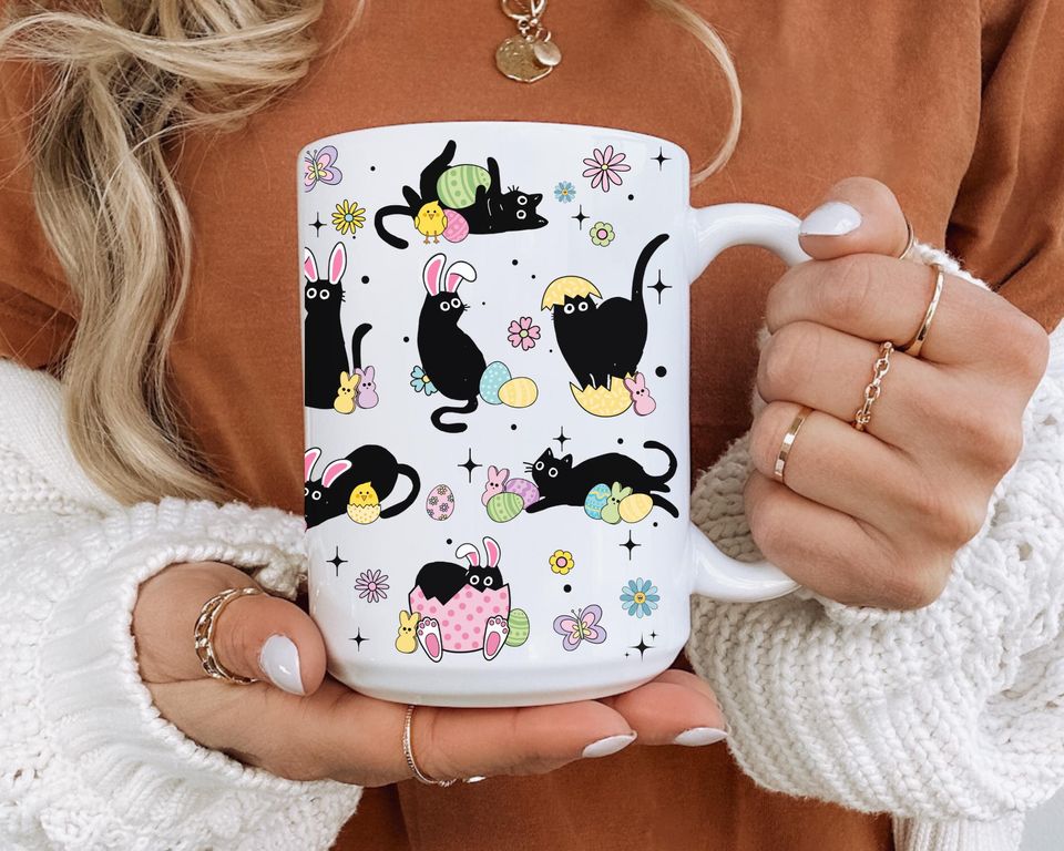Black Cat Easter Mug, Coffee Mug Easter, Black Cat Coffee Mug, Gift Mug for Veterinarian, Funny Black Cat Mug