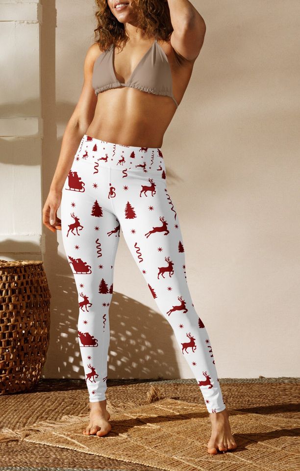 Christmas Leggings, Xmas Reindeer Santa Patterned Yoga Leggings, Super Soft and Comfortable Fall Winter Clothing