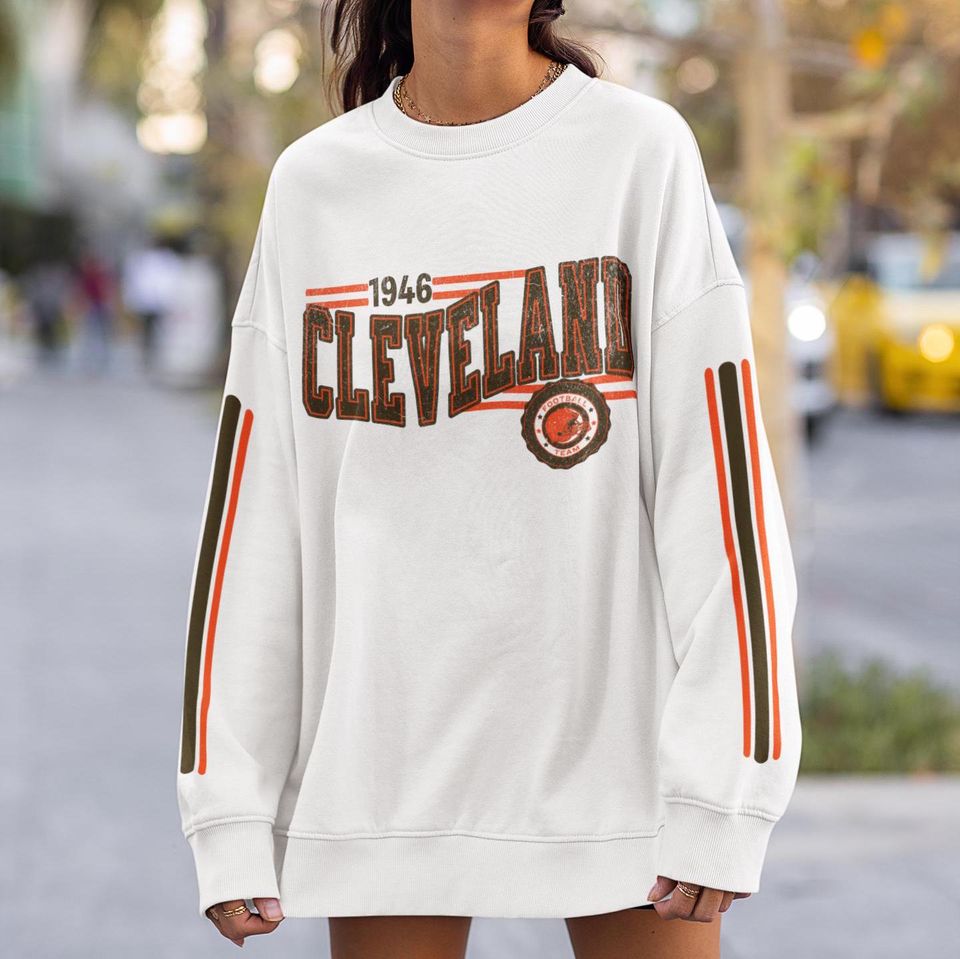 Cleveland Football Retro Crewneck Sweatshirt, Brown Retro Stripe Sleeve Sweatshirt, Cleveland Unisex Shirt, Game Day Shirt, Brown Fan Gift