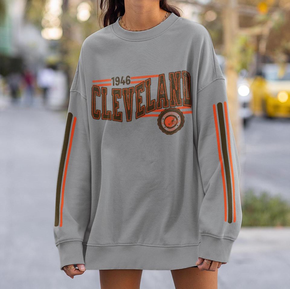 Cleveland Football Retro Crewneck Sweatshirt, Brown Retro Stripe Sleeve Sweatshirt, Cleveland Unisex Shirt, Game Day Shirt, Brown Fan Gift