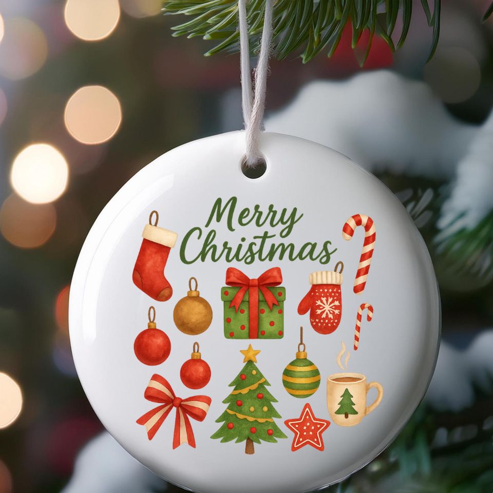 Merry Christmas Ceramic Ornament, Round Tree Decoration