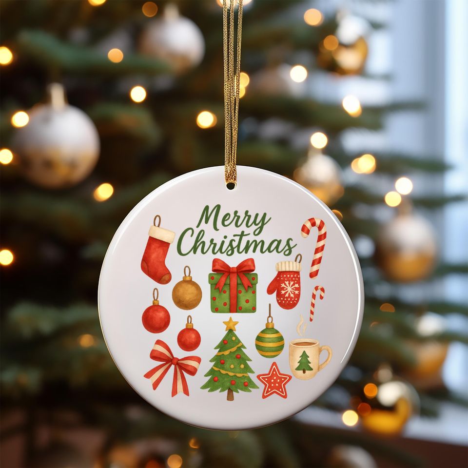 Merry Christmas Ceramic Ornament, Round Tree Decoration