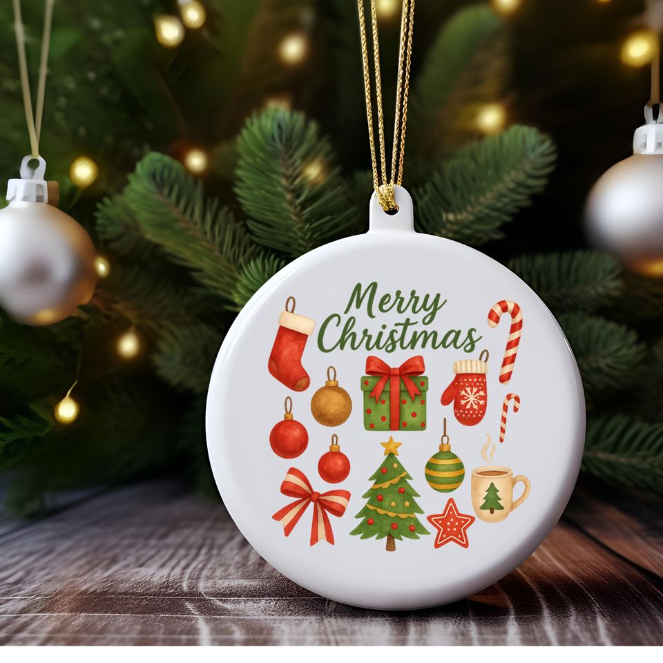Merry Christmas Ceramic Ornament, Round Tree Decoration