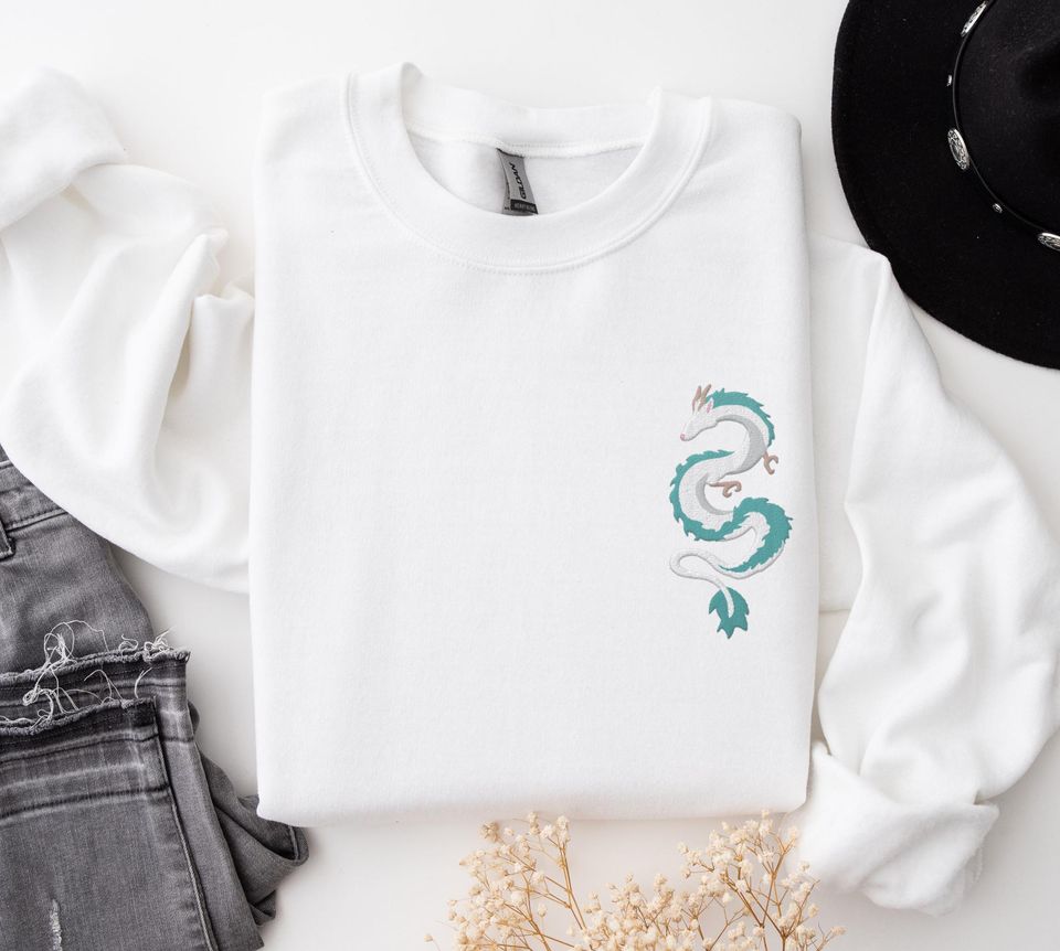 Embroidered Anime White Dragon Long Sleeve Shirt | Embroidery River Spirit Sweater | Japanese Anime Gifts | Crewneck Otaku Sweatshirt