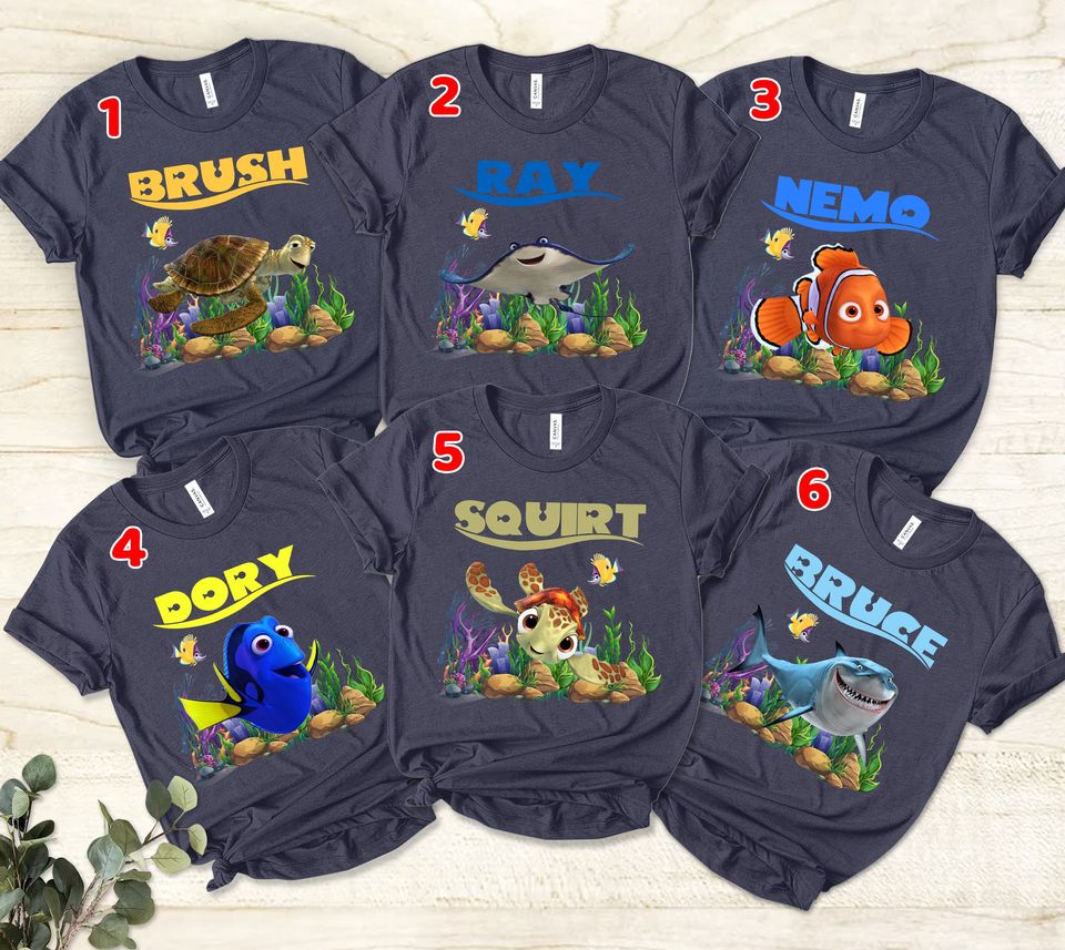 Disney Finding Nemo Unisex T-Shirt, Finding Dory Shirt, Disney Characters Tee, Marlin Dory Crush Ray Nemo Brush Bruce Squirt