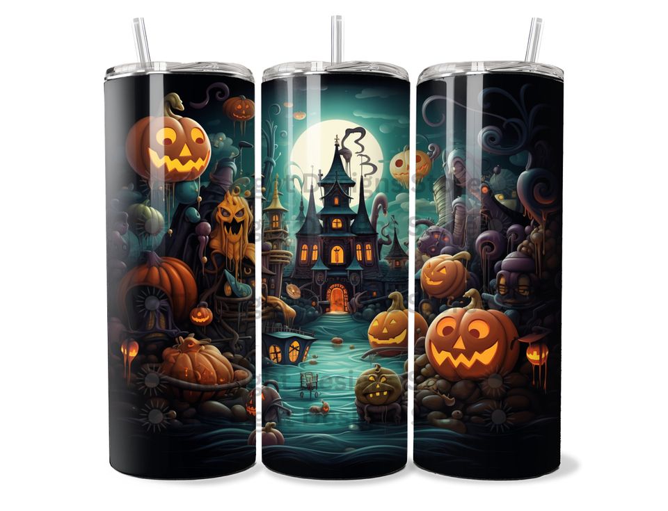 Retro Halloween scene 20 oz Skinny Tumbler Sublimation Design