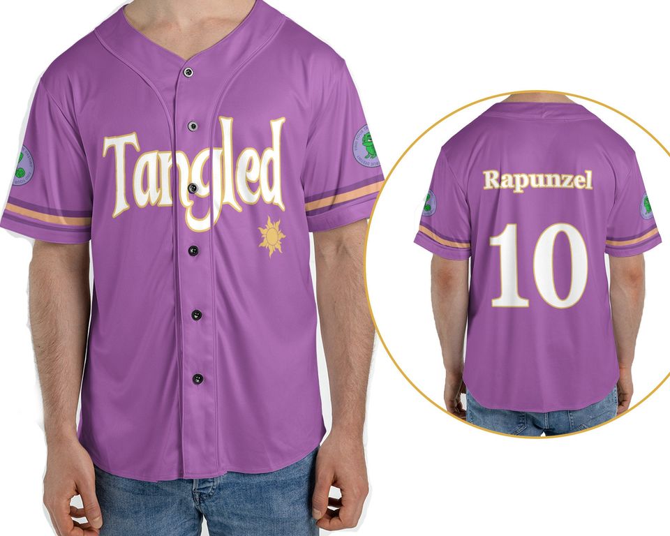 Disney Tangled Rapunzel Pascal Kingdom Sun 2 Sided Baseball Jersey Shirt