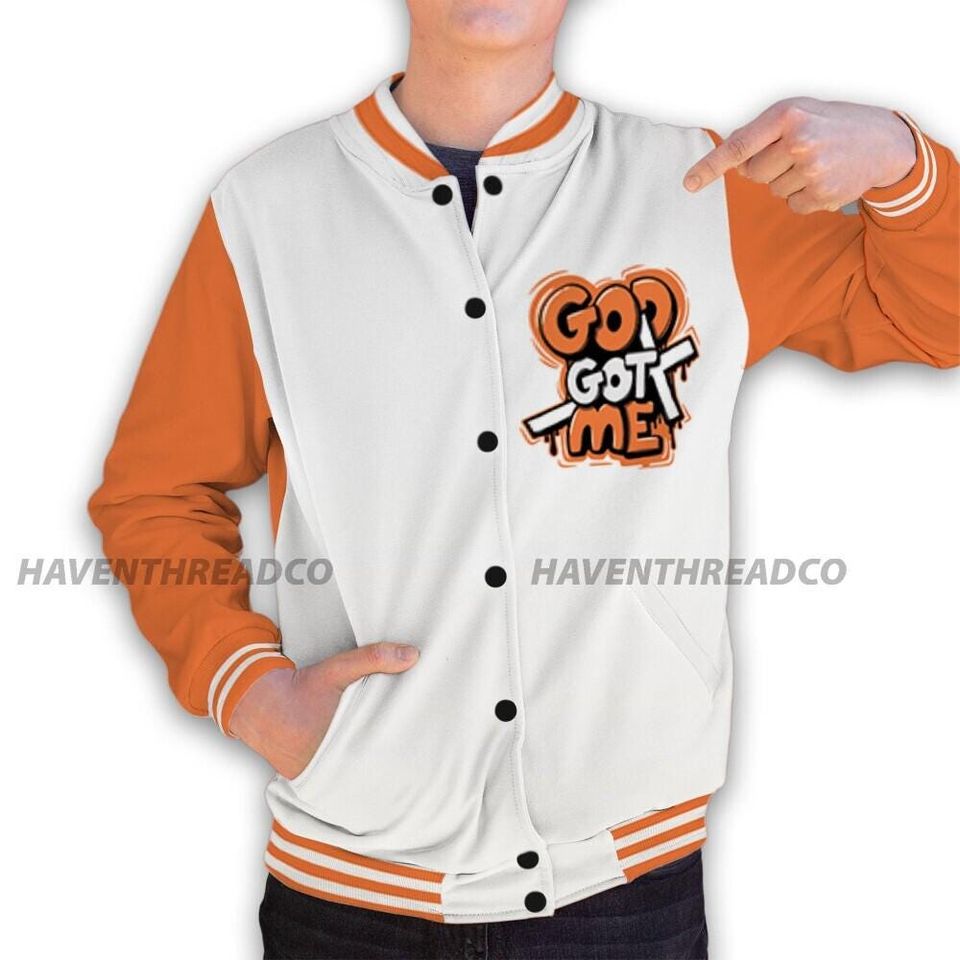 AM TW White Orange Unisex Varsity Jacket, God Got Me Varsity Custom, Custom Baseball Jacket