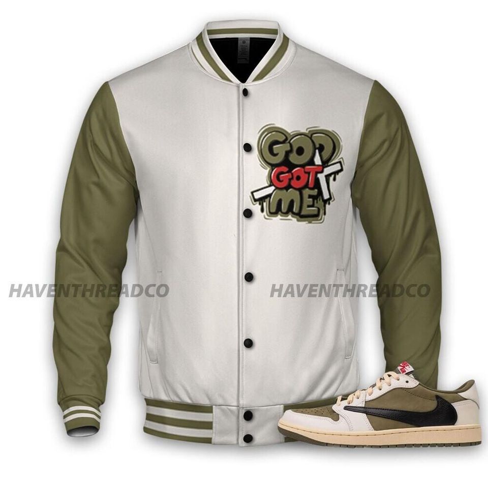 AJ 1 Medium Olive Unisex Varsity Jacket, God Got Me Varsity Custom, Custom Baseball Jacket